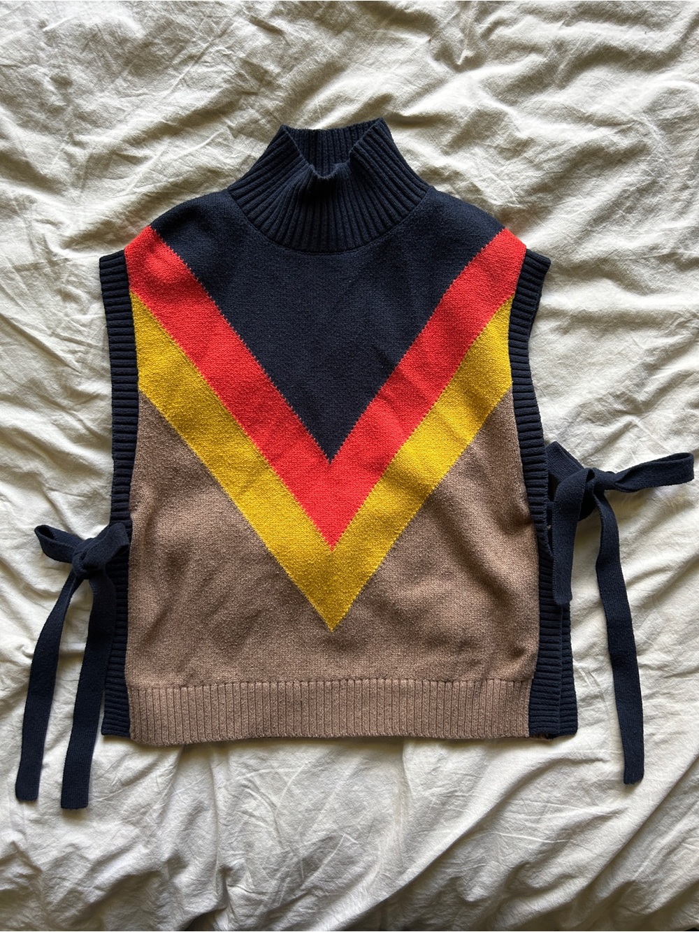 Maeve Chevron Tie-Side Knit Vest in Navy, Red, Yellow, and Brown XS/S
